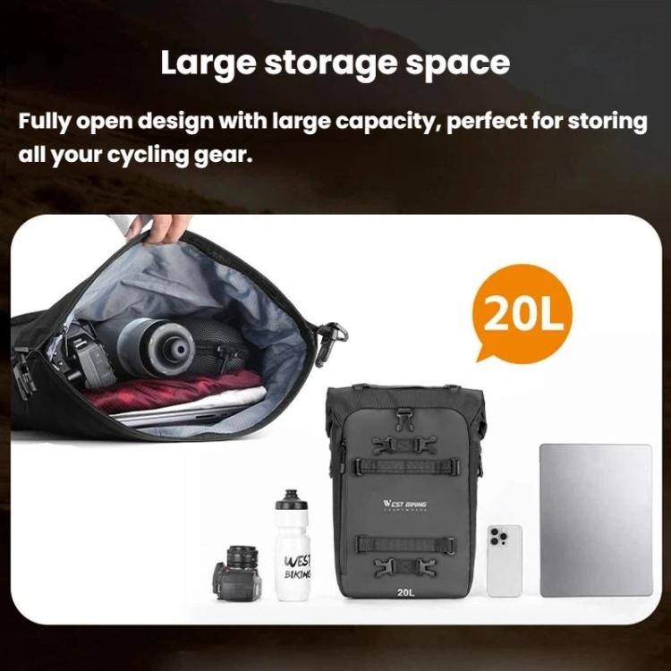 Black motorcycle rear seat bag with open top compartment and 20L storage label.