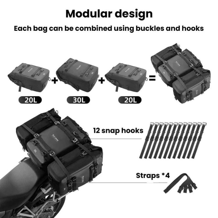 Modular black motorcycle seat bag system with 20L and 30L units and snap hooks.