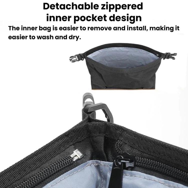 Black detachable inner pocket inside a motorcycle rear seat bag with zipper closure.