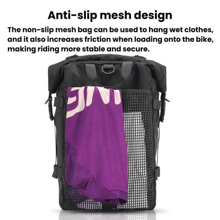Black motorcycle rear seat bag with anti-slip mesh pocket holding items securely.
