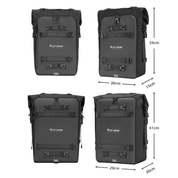 Black motorcycle rear seat bag sizes shown: 20L and 30L with mounting straps and hooks.