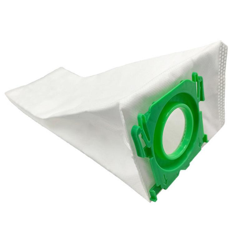 White non-woven vacuum dust bag with green mounting frame, angled view