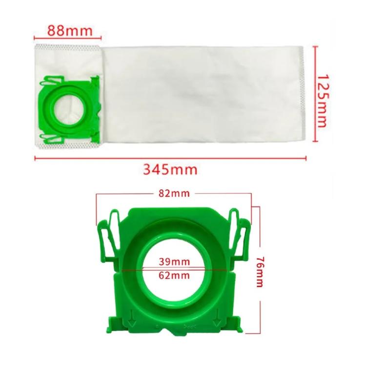 White non-woven vacuum dust bag size 345 x 125 mm with green mounting ring