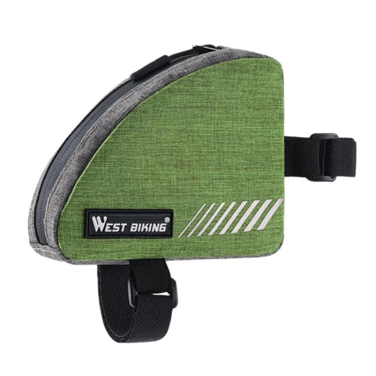 Green triangle bike top tube bag with zip pocket, two straps, reflective stripe