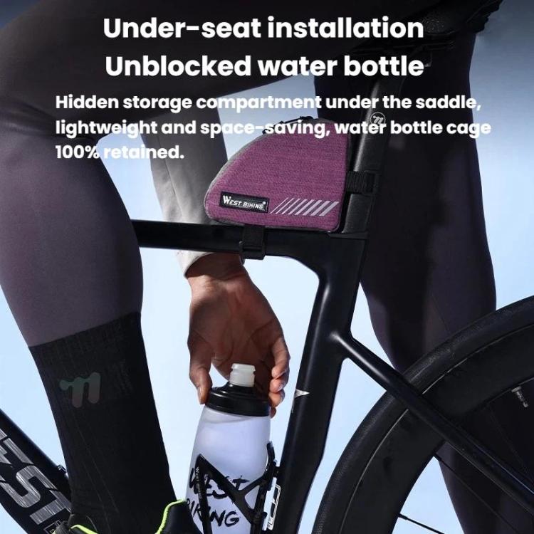 Purple triangle bike storage bag mounted under saddle, secured by straps