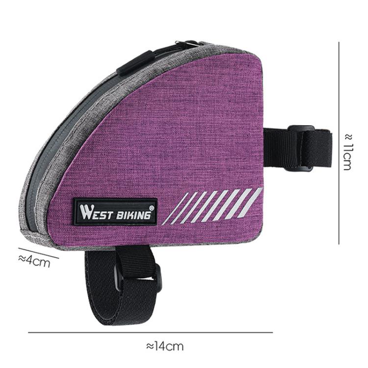Purple triangle bike top tube bag with zip pocket, reflective stripe, two straps