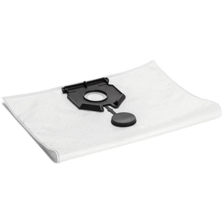 Vacuum cleaner dust bag with black snap-in adapter and circular seal port, white fabric.
