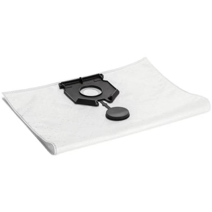 Vacuum cleaner dust bag with black snap-in adapter and circular seal port, white fabric.