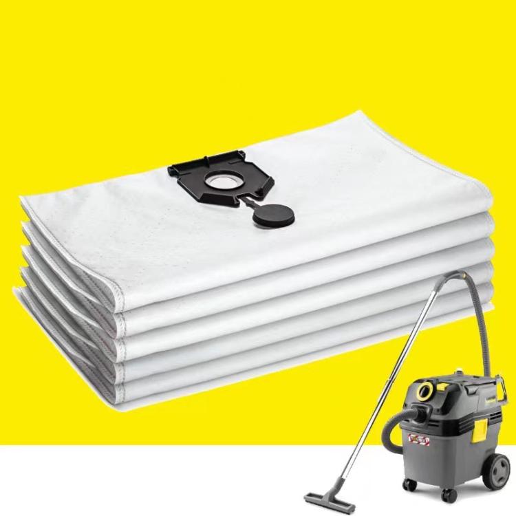 Vacuum cleaner dust bags set, stacked white bags with black adapter clips and seals.