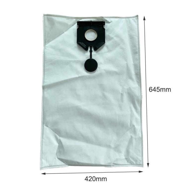 Vacuum cleaner dust bag, white pouch with black filter holder and round suction opening.