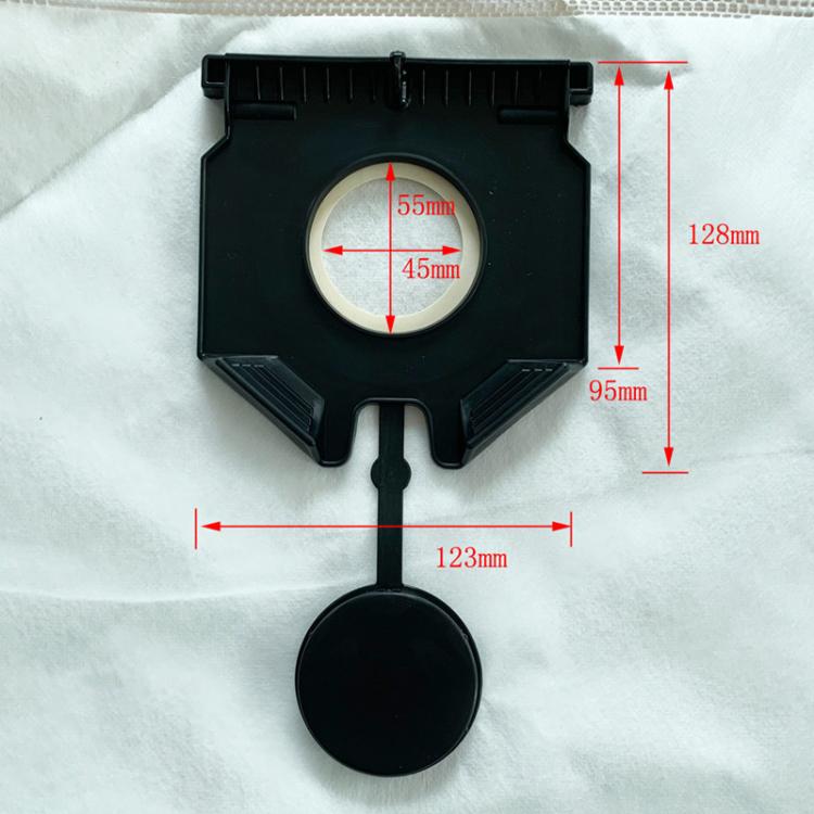 Vacuum cleaner dust bag adapter and seal plate, black circular port on white bag.