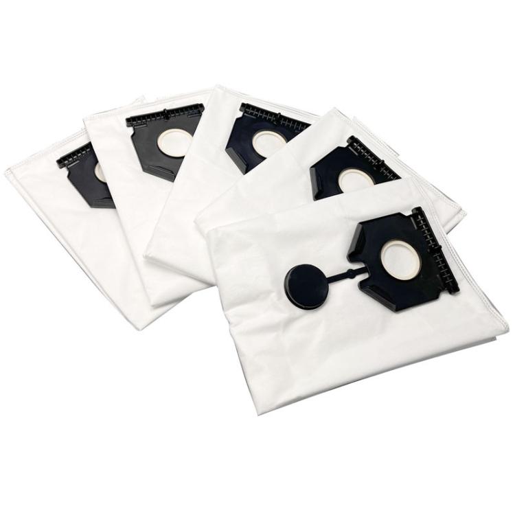 Vacuum cleaner dust bag pack, white bags with black clamp adapter and round seal ports.