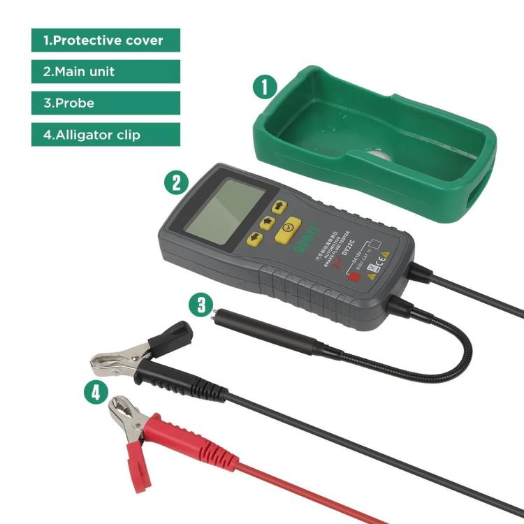 Brake fluid tester kit with main unit, probe leads, protective cover, and alligator clips