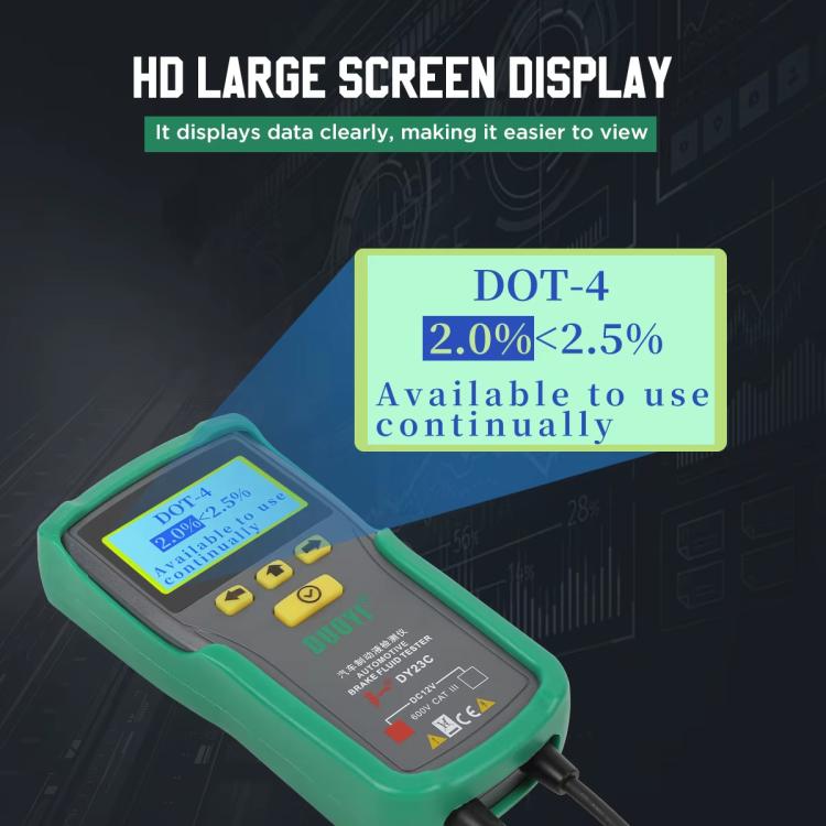 Brake fluid tester with large LCD screen and green protective case around device