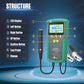 Brake fluid digital tester labeled controls, LCD screen, and battery clamp leads