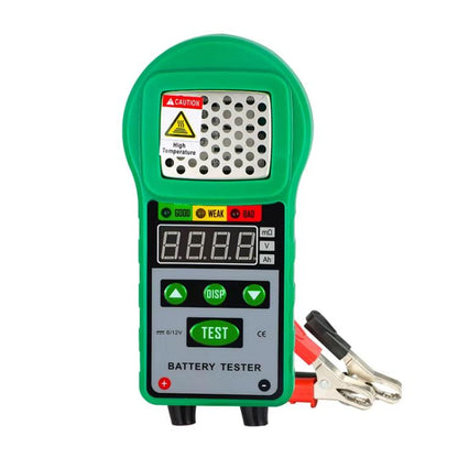 Handheld green battery tester with LED display and TEST button, battery clamp leads