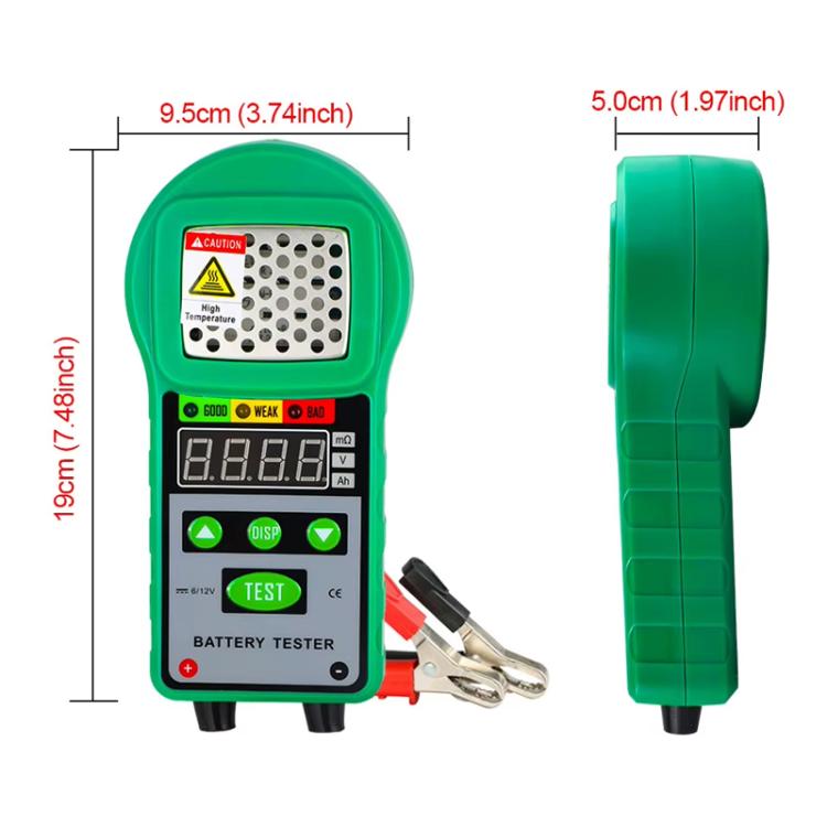 Green battery tester main unit with cable clamp leads, side view
