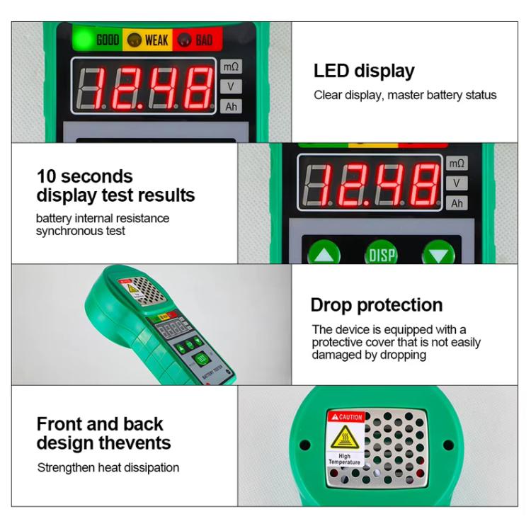 Front panel with LED screen showing battery test readings and status indicators
