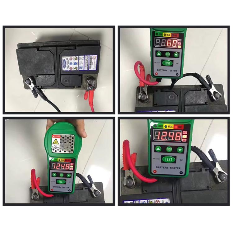 Battery tester connected to a vehicle battery with red and black clamp leads