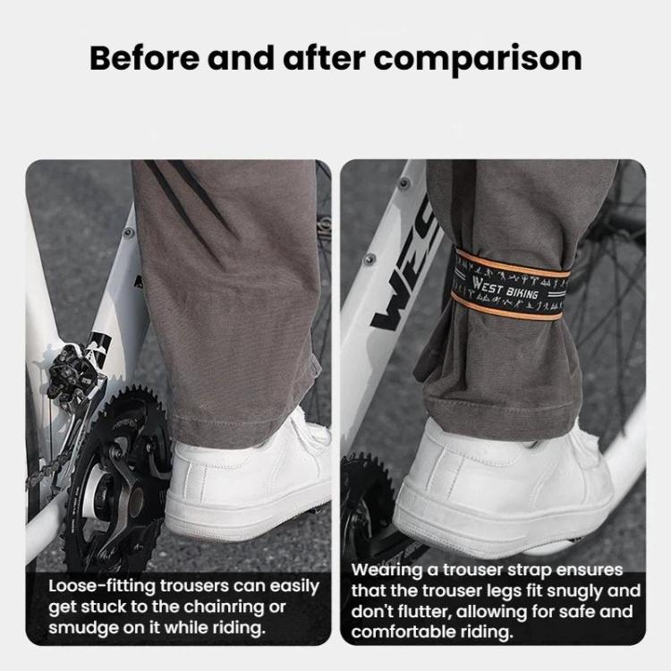 Cycling trouser strap band securing pant leg on ankle, black reflective band on gray pants