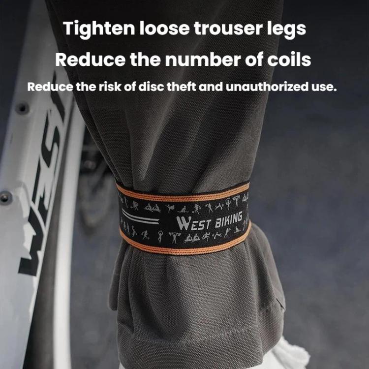 Reflective pant band around gray trouser leg, black band with orange reflective strip