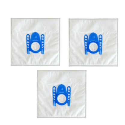 3-pack white non-woven vacuum dust bags with blue center logo and stitched edges