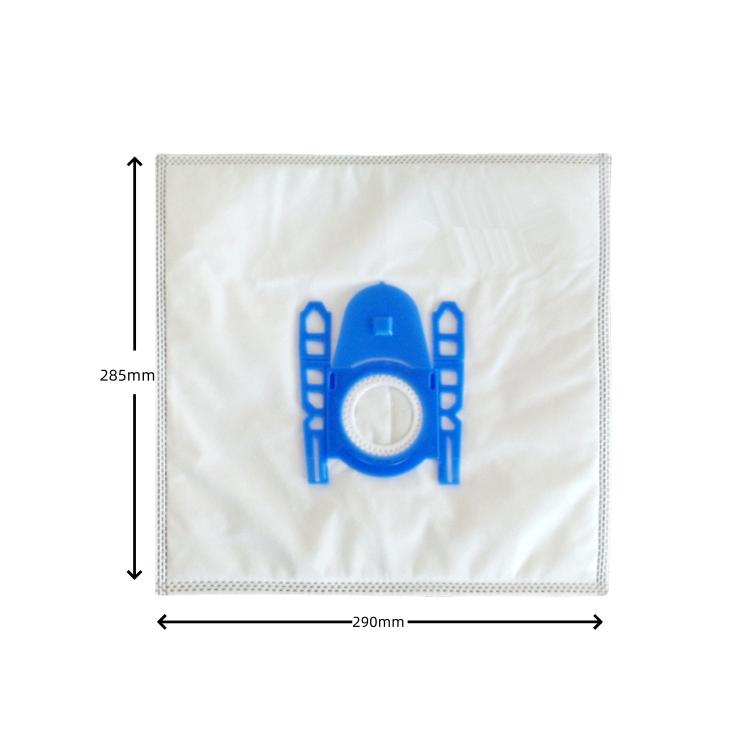 White non-woven vacuum dust bag, 285 x 290 mm, with blue center logo