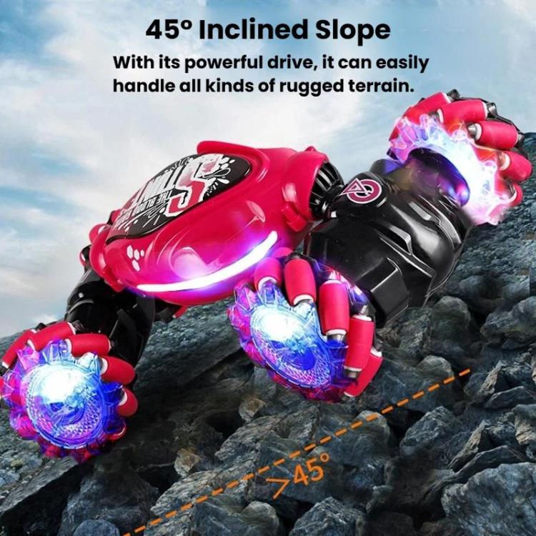 Pink stunt twist remote car with glowing wheels on rocky terrain