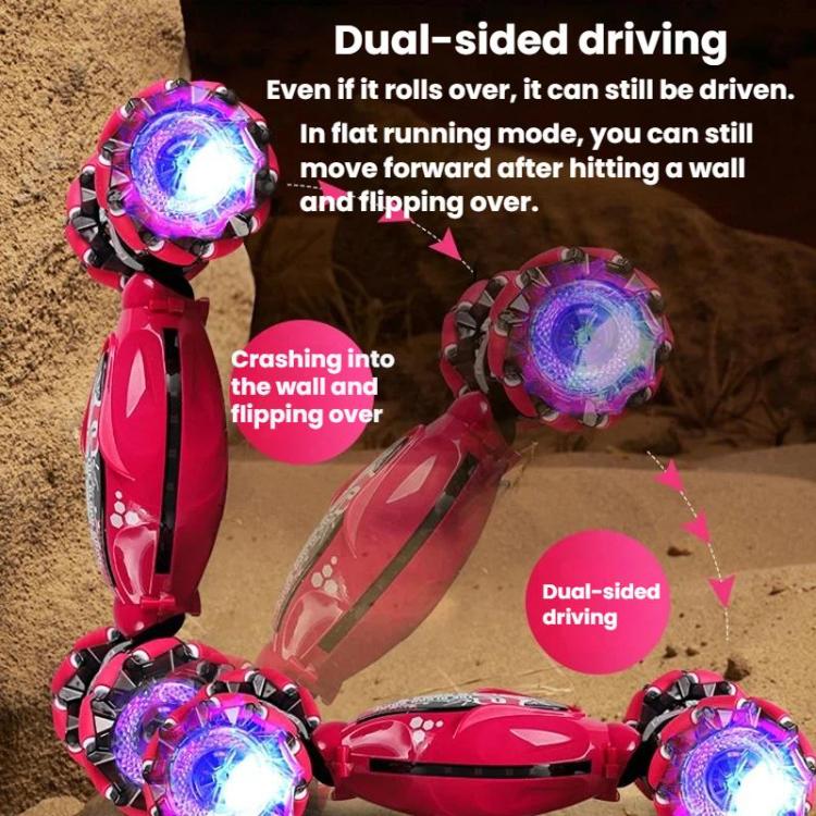 Pink stunt twist remote car with dual glowing headlights and wheel lights on sand