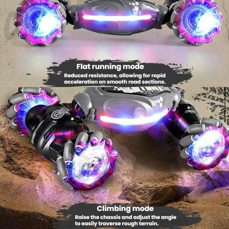 Glowing stunt twist RC car with purple LED headlights and shockproof spinning wheels