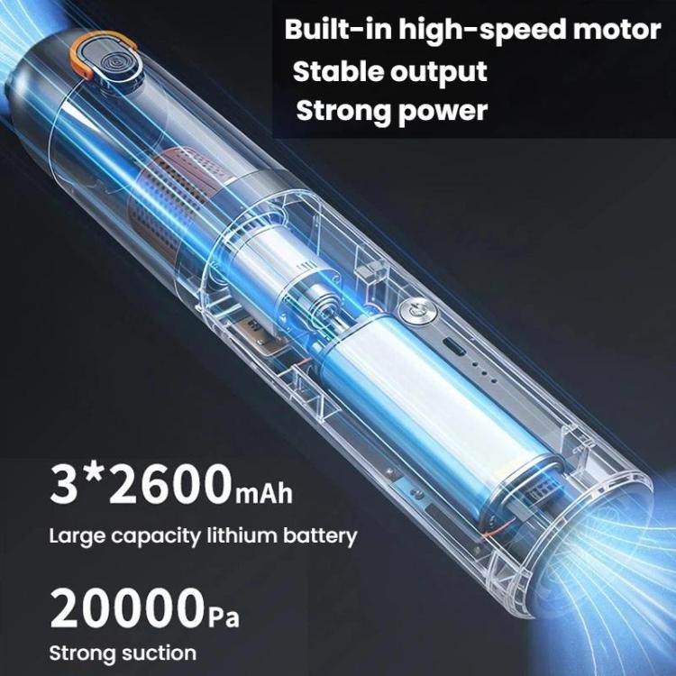 Black handheld cordless vacuum cleaner with internal blue motor airflow view