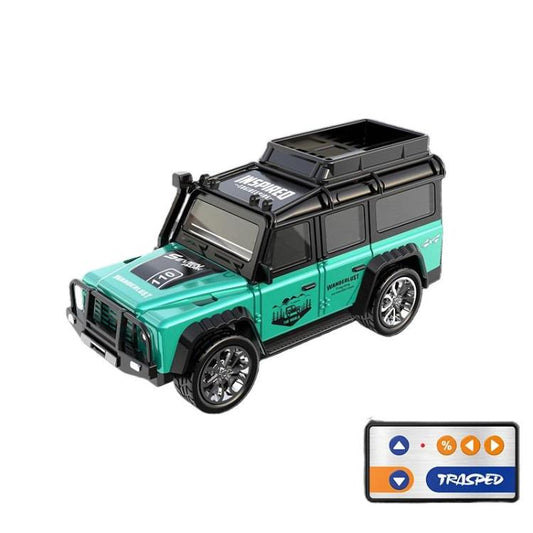 Mini alloy RC toy car with lights, teal and black off-road truck model.