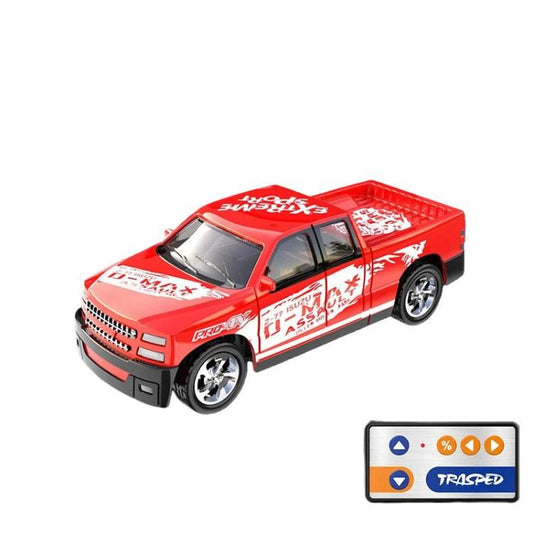Mini alloy RC toy car with lights, red and white off-road pickup model.
