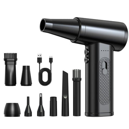 Cordless mini dust blower with multiple nozzle attachments in black and silver
