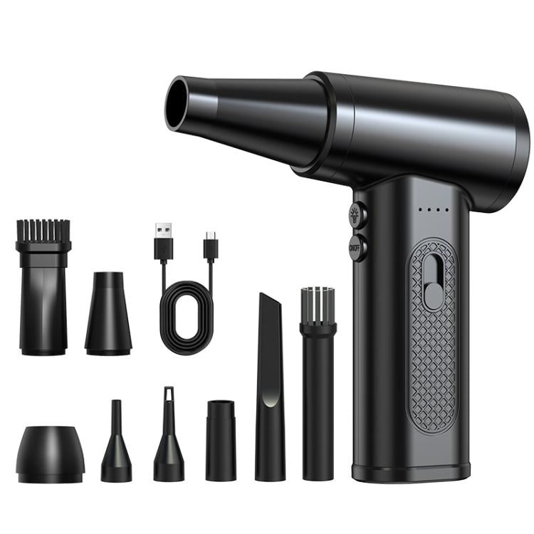 Cordless mini dust blower with compact body and included nozzle attachments