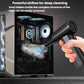 Cordless dust blower releasing airflow from the front nozzle, black body