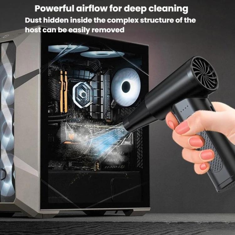 Cordless dust blower releasing airflow from the front nozzle, black body