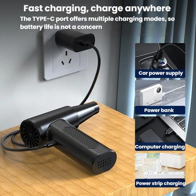 Cordless dust blower with Type-C charging cable connection shown