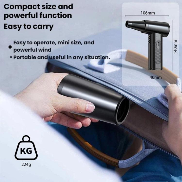 Compact cordless dust blower held in hand, small portable size