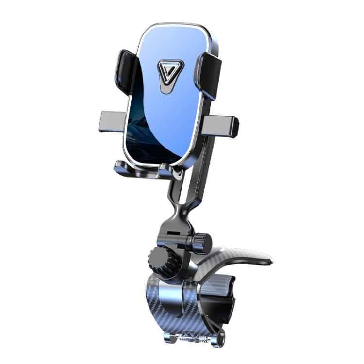 Car phone holder with mirror-finish cradle and crocodile clip mount, 360° rotating base