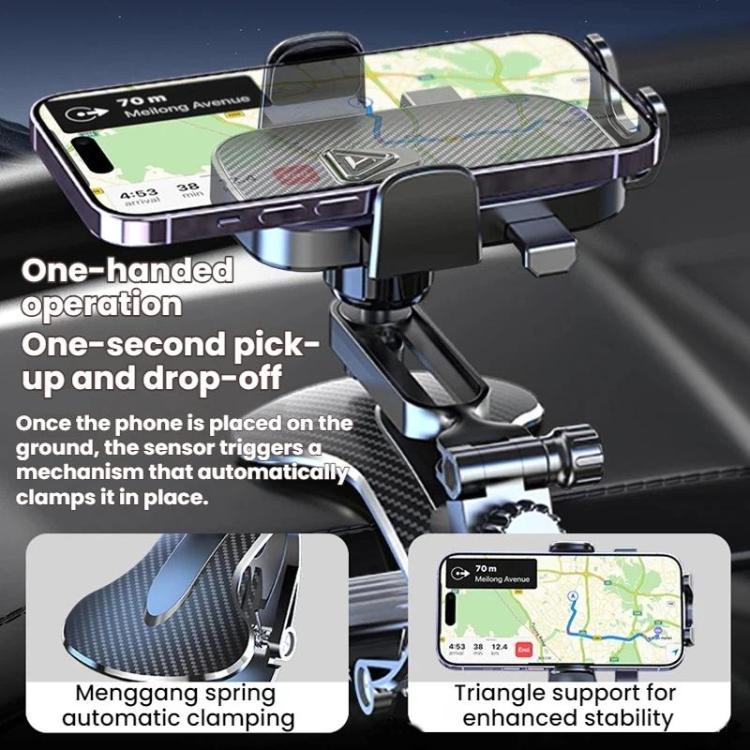 Car phone holder with clamp cradle and 360° rotating arm holding a smartphone