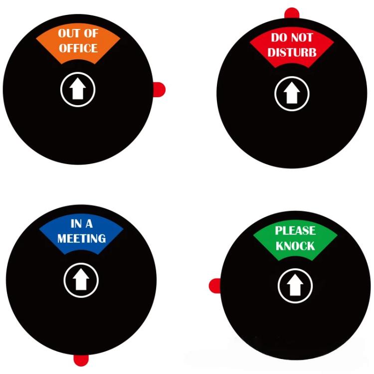 Round black adhesive door sign disc set: Out of Office, Do Not Disturb, In a Meeting, Please Knock.