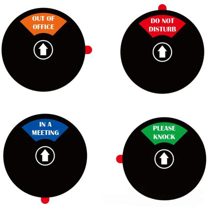 Round black adhesive door sign disc set: Out of Office, Do Not Disturb, In a Meeting, Please Knock.