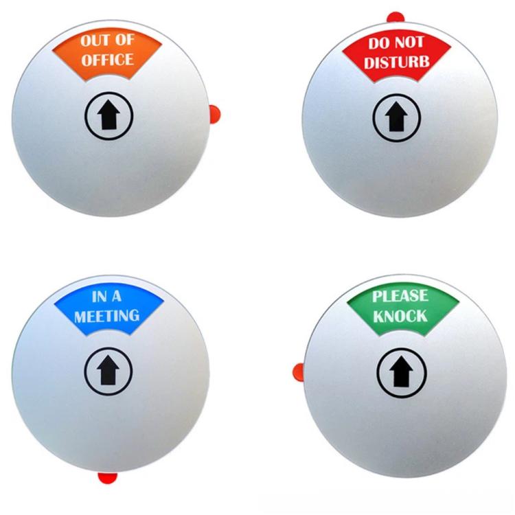 Round silver adhesive door sign disc set: Out of Office, Do Not Disturb, In a Meeting, Please Knock.