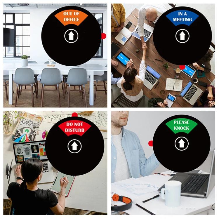 Round black adhesive door sign disc showing Out of Office, Do Not Disturb, In a Meeting, Please Knock.