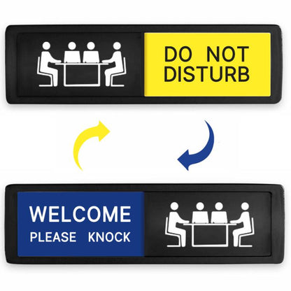 Sliding Do Not Disturb sign, yellow panel, black frame, self-adhesive backing