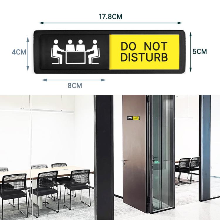Sliding Do Not Disturb sign with size diagram, black frame and yellow DO NOT DISTURB panel