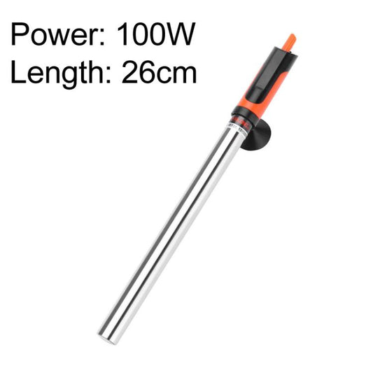 100W stainless steel submersible aquarium heater with orange cap and black control ring