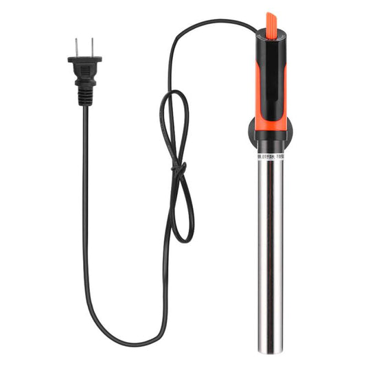 Submersible aquarium heater with stainless tube, orange top, and power cord with plug