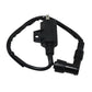 Ignition coil with mounting bracket, black wires, and plug connector, motorcycle